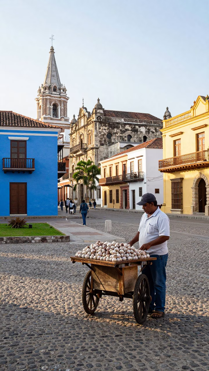 Late Morning Street Scene in Cartagena Colombia with Cast Iron Garlic Press in in Cartagena, Colombia