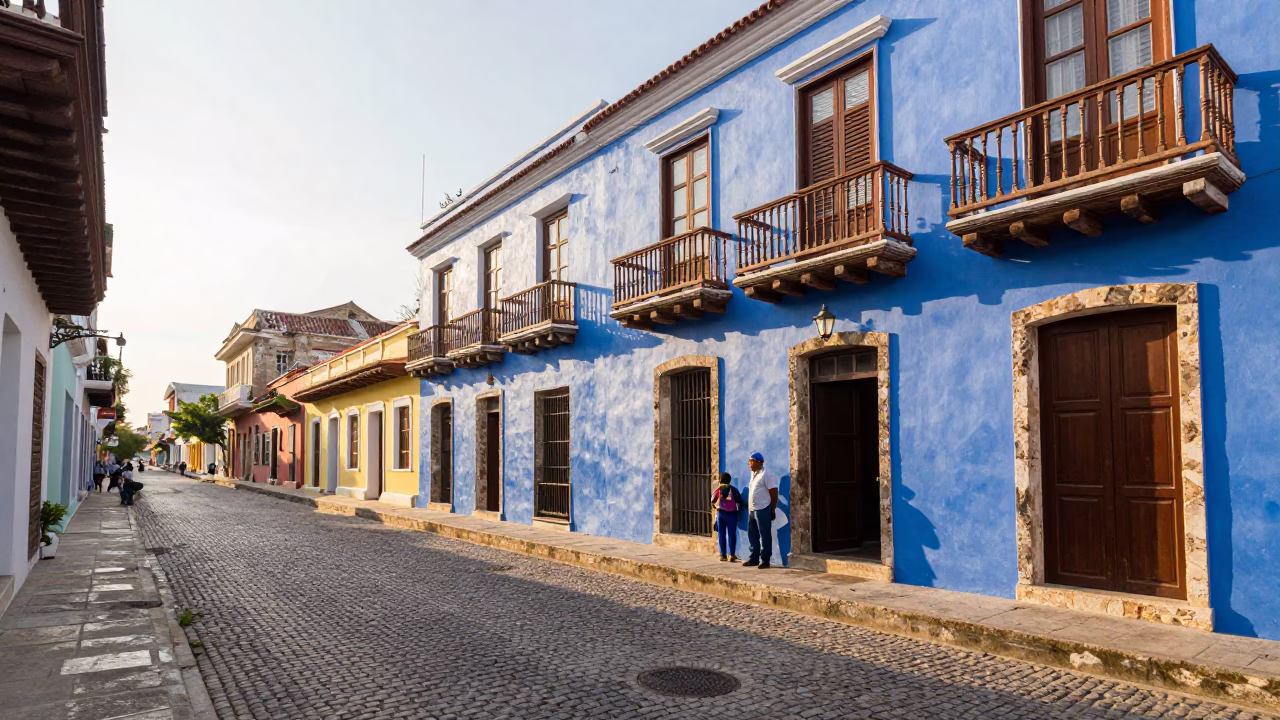 Late Morning Street Scene in Cartagena Colombia with Colorful Colonial Architecture and Daily Life in in Cartagena, Colombia