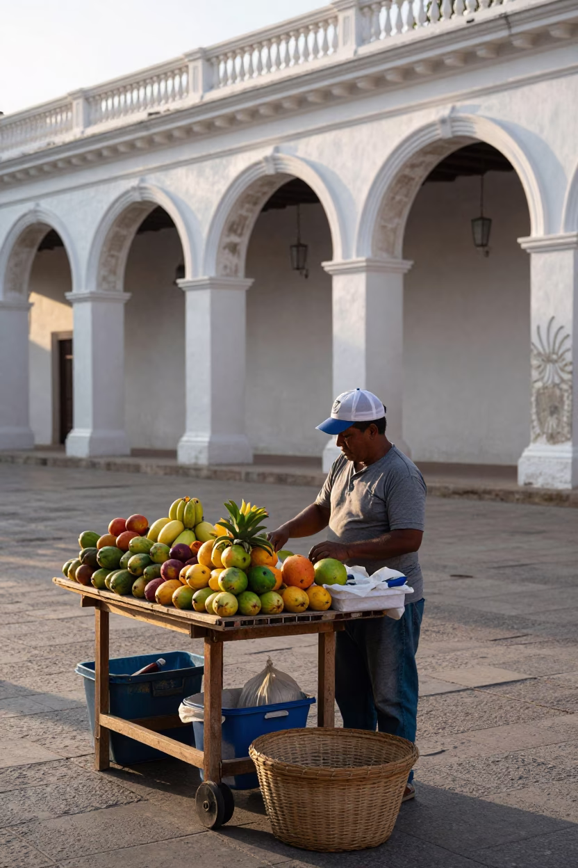 Late Morning Street Scene in Cartagena Colombia with Local Vendor and Sketchbook in in Cartagena, Colombia