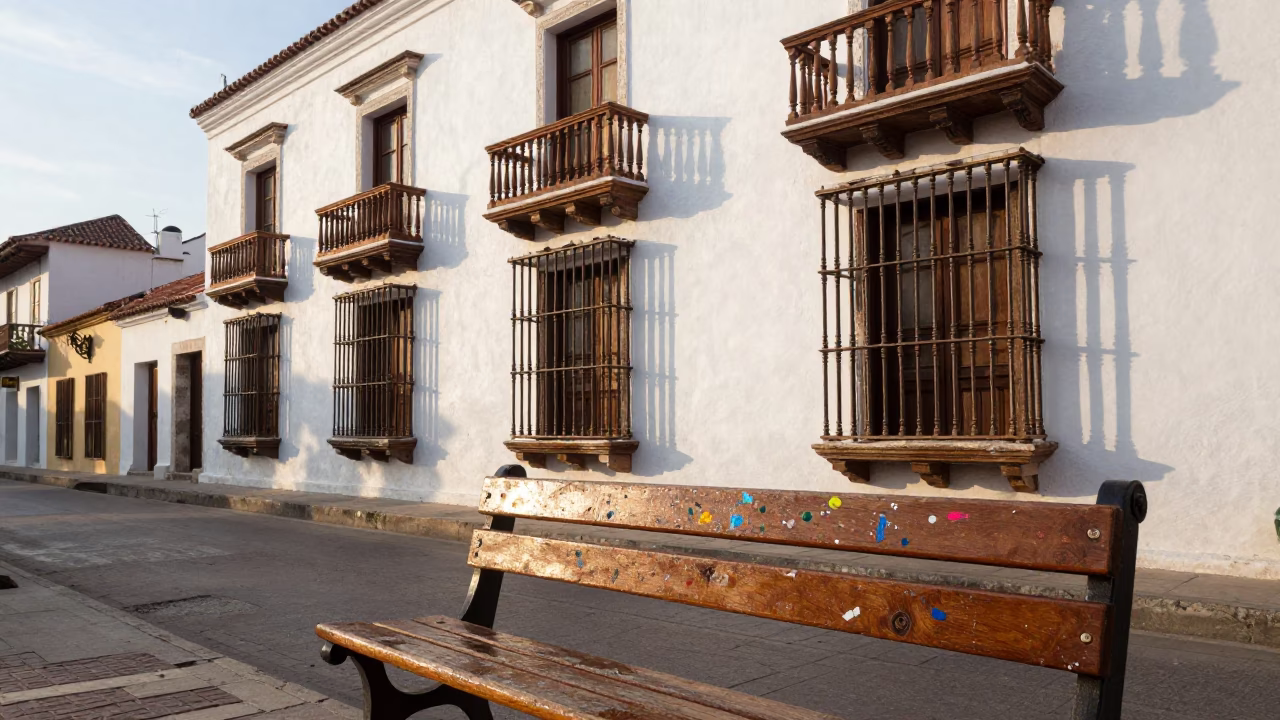 Late Morning Street Scene in Cartagena Colombia with Paint Flecks and Clothesline in in Cartagena, Colombia