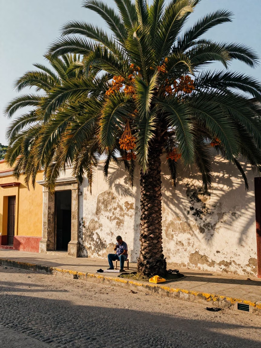 Late Morning Street Scene in Cartagena Colombia with Palm Trees and Harbor Activity in in Cartagena, Colombia