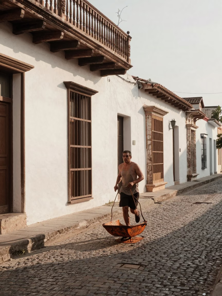 Late Morning Street Scene in Cartagena Colombia with Rusty Runner and Dominoes in in Cartagena, Colombia
