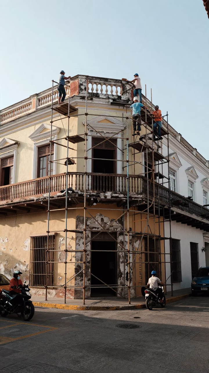 Late Morning Street Scene in Cartagena Colombia with Scaffolding Workers and Colonial Architecture in in Cartagena, Colombia