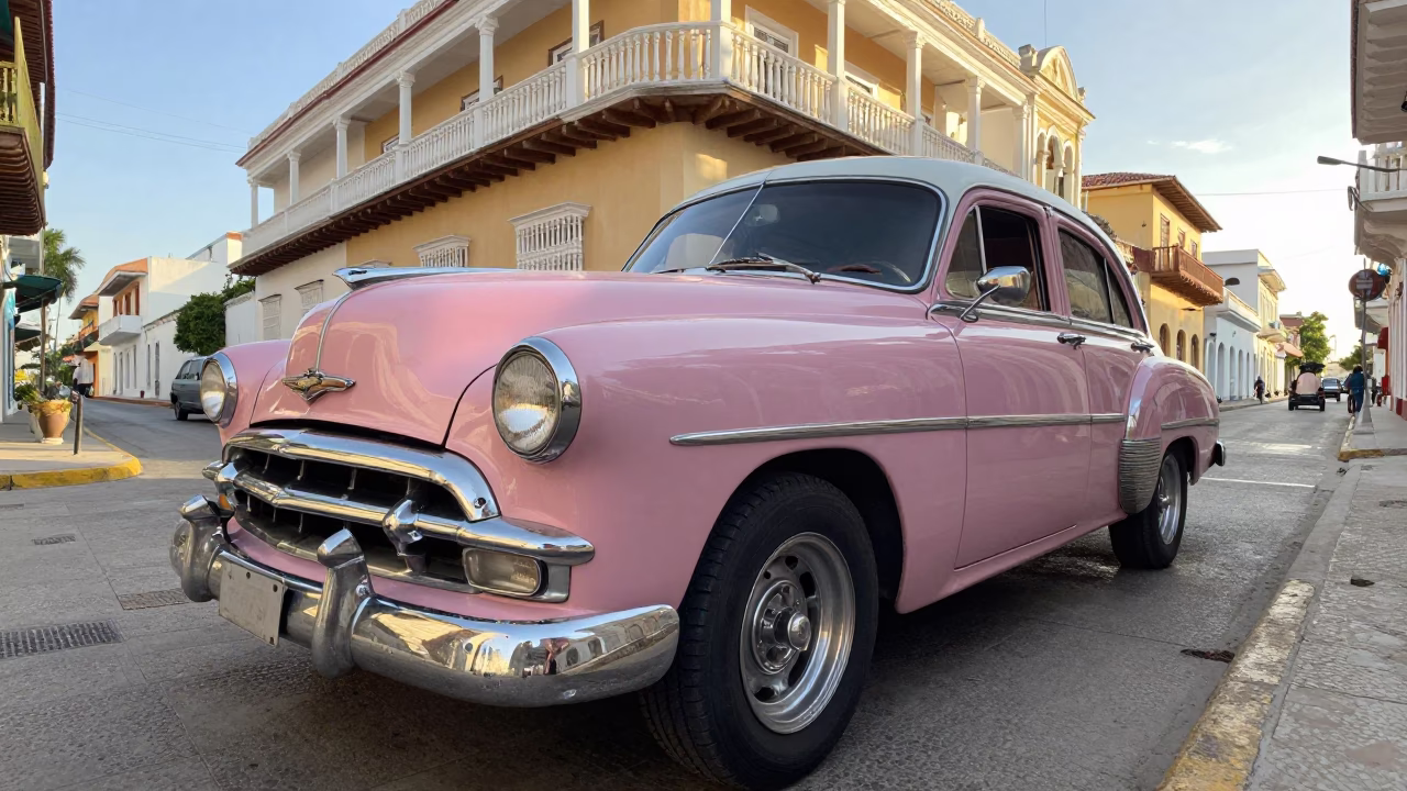 Late Morning Street Scene in Cartagena Colombia with Vintage Car and Condensation on Glass in in Cartagena, Colombia