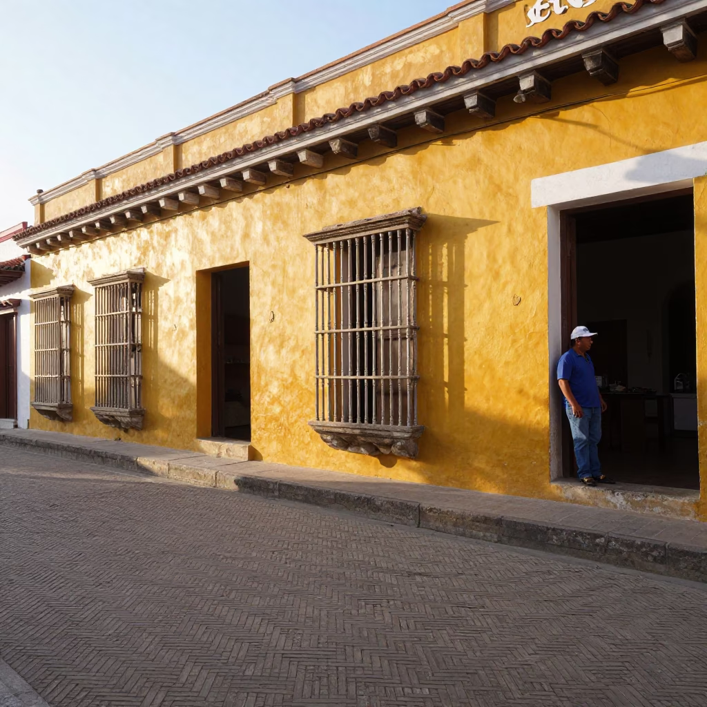 Late Morning Street Scene in Cartagena Colombia with Woven Cane Texture in in Cartagena, Colombia