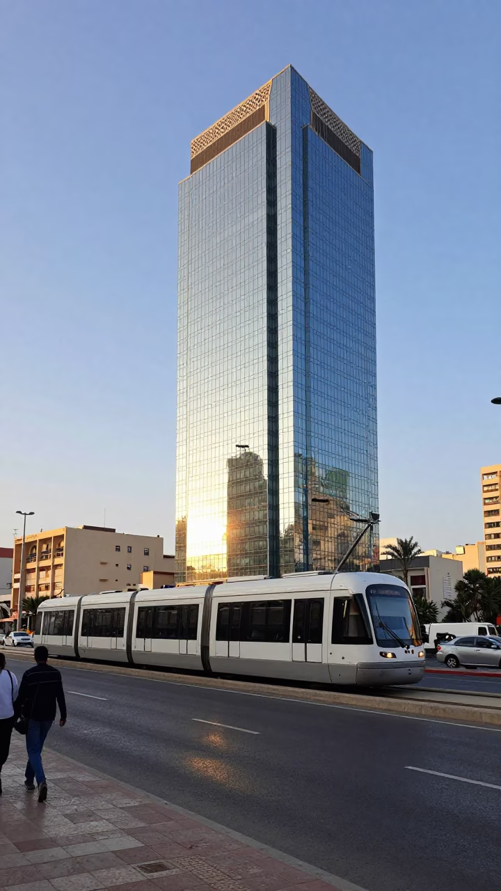 Late Morning Street Scene in Casablanca Morocco Monorail Reflection and Urban Life in in Casablanca, Morocco