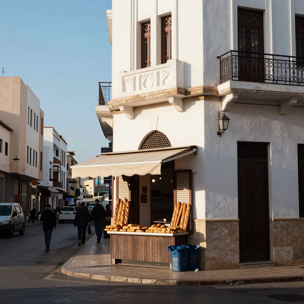 Late Morning Street Scene in Casablanca Morocco with Baguettes and Urban Architecture in in Casablanca, Morocco