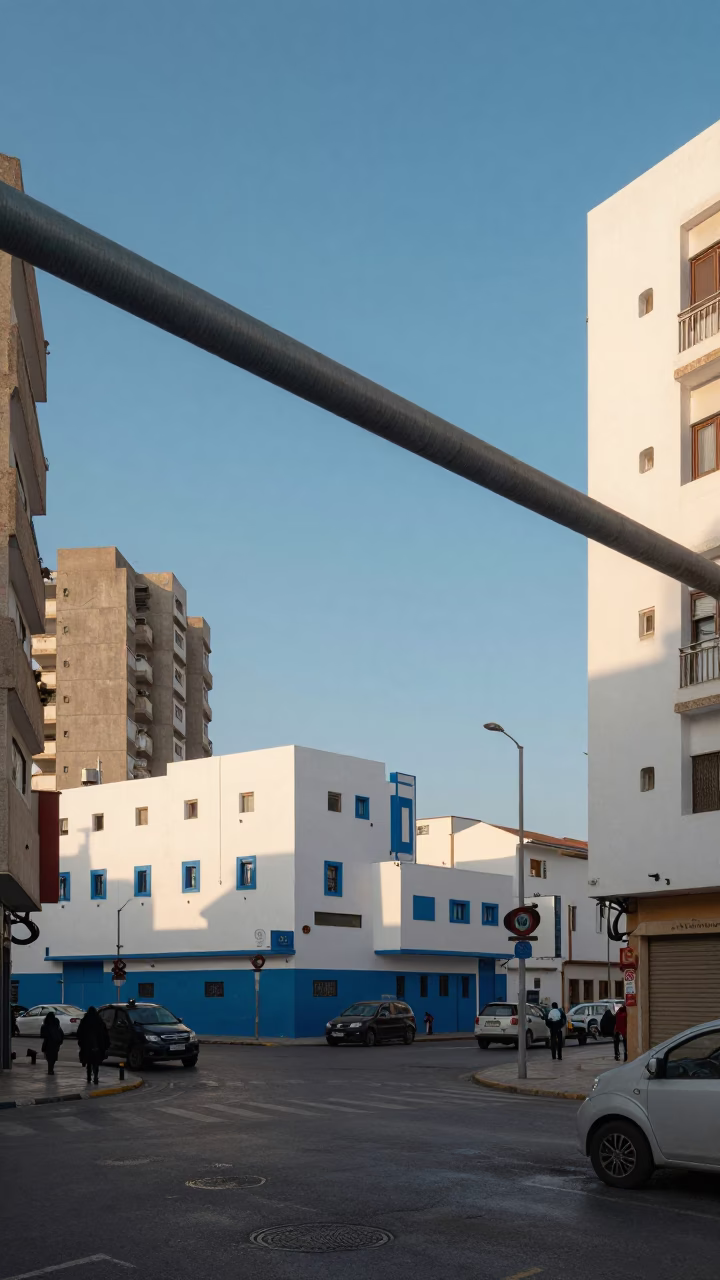 Late Morning Street Scene in Casablanca Morocco with District Heating Pipes and Park Bench in in Casablanca, Morocco