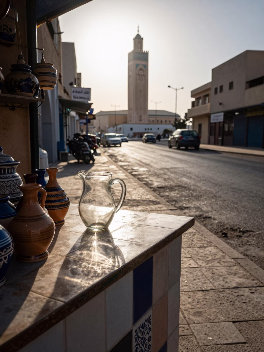 Late Morning Street Scene in Casablanca Morocco with Glass Pitcher and Shaving Brush in in Casablanca, Morocco