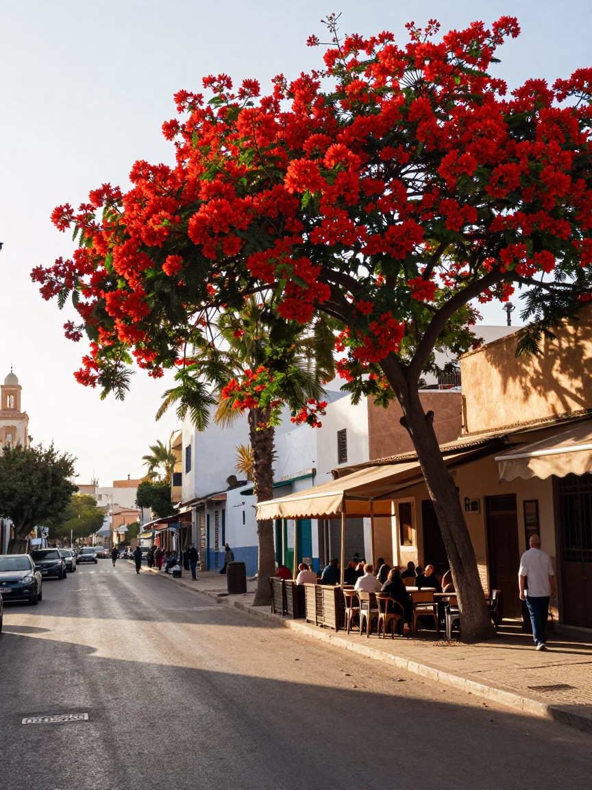 Late Morning Street Scene in Casablanca Morocco with Red Flame Tree and Cement Mixer in in Casablanca, Morocco