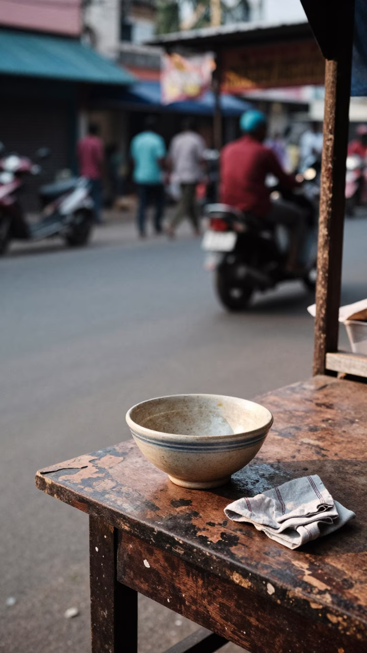 Late Morning Street Scene in Chennai India with Ceramic Bowl and Cup on Table in in Chennai, India