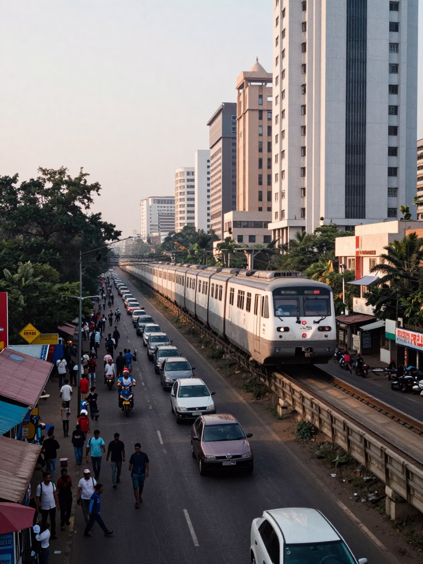 Late Morning Street Scene in Chennai India with Monorail and Urban Life in in Chennai, India