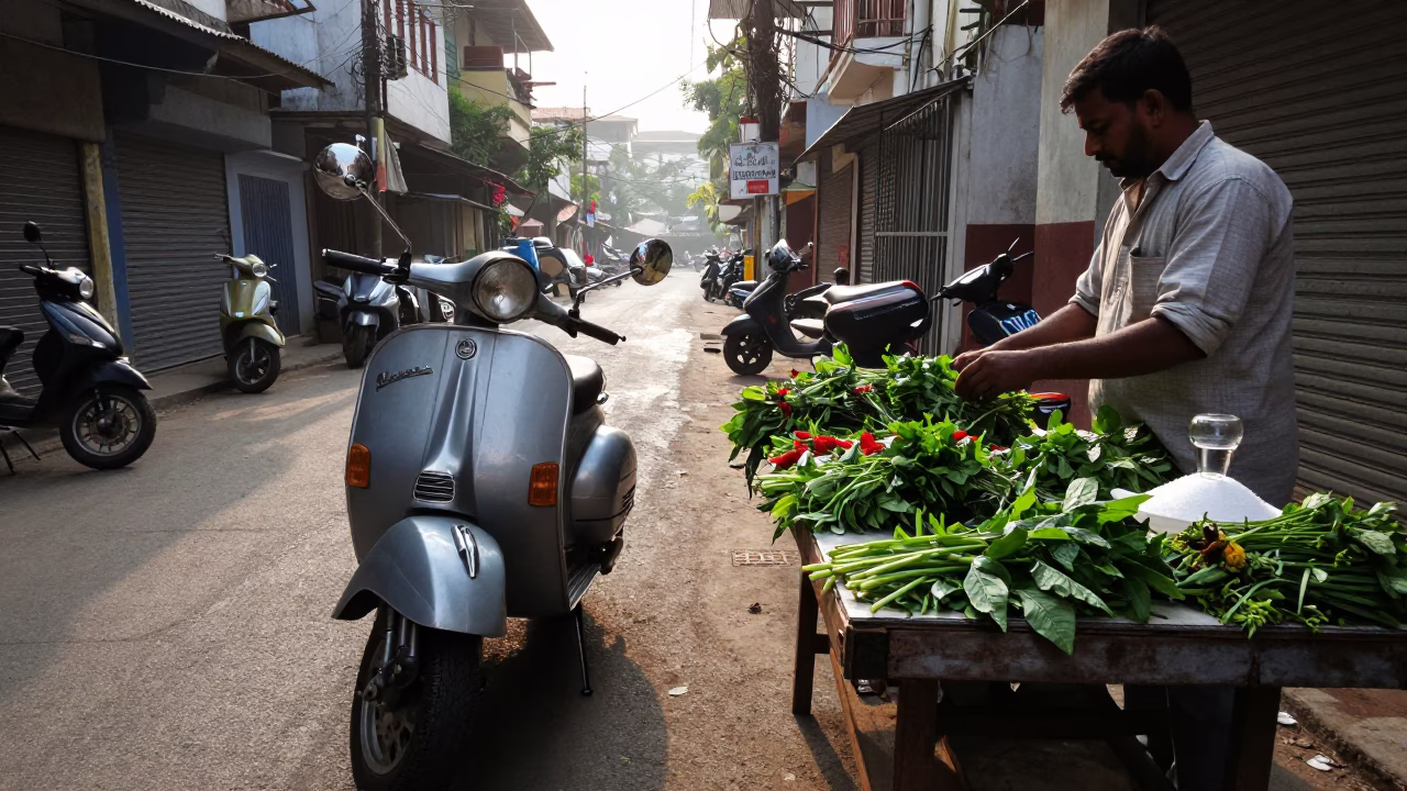 Late Morning Street Scene in Chennai India with Vintage Vespa and Local Market Activity in in Chennai, India