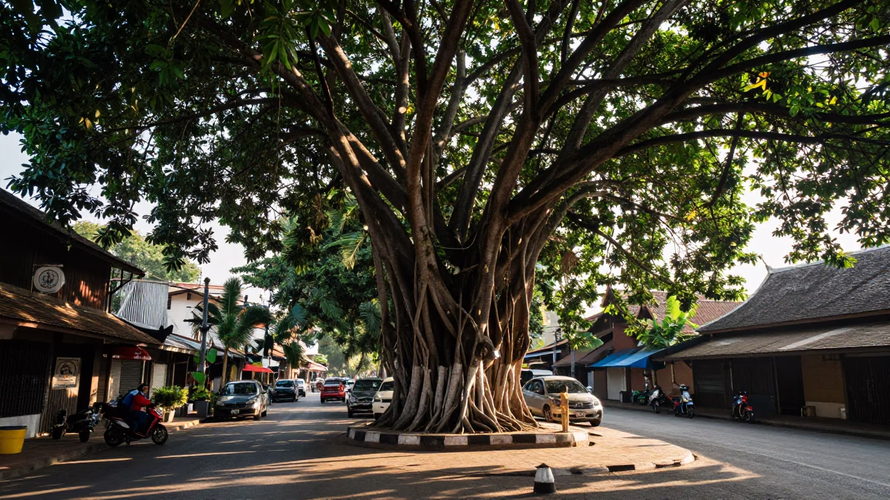 Late Morning Street Scene in Chiang Mai Thailand with Kapok Tree and Local Vendor in in Chiang Mai, Thailand