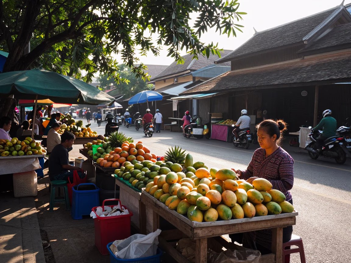 Late Morning Street Scene in Chiang Mai Thailand with Local Market Activity in in Chiang Mai, Thailand