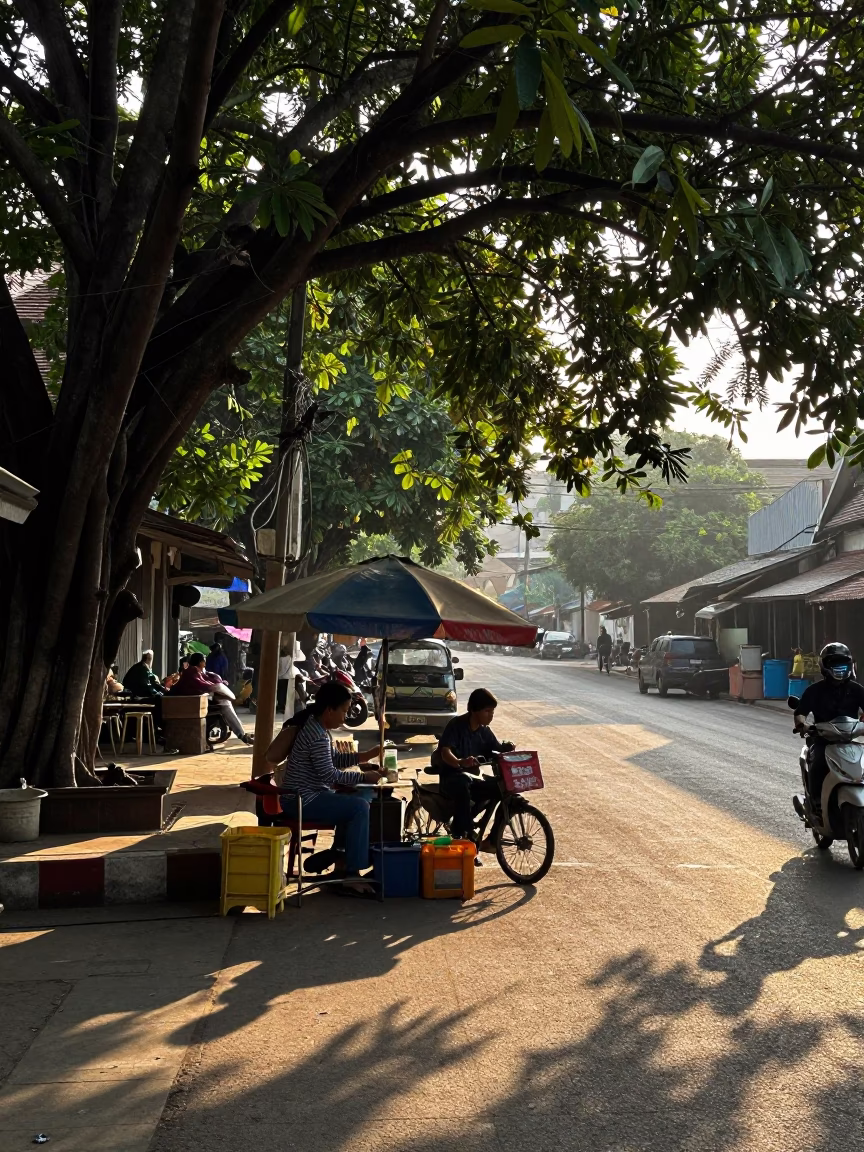 Late Morning Street Scene in Chiang Mai Thailand with Local Vendor in in Chiang Mai, Thailand
