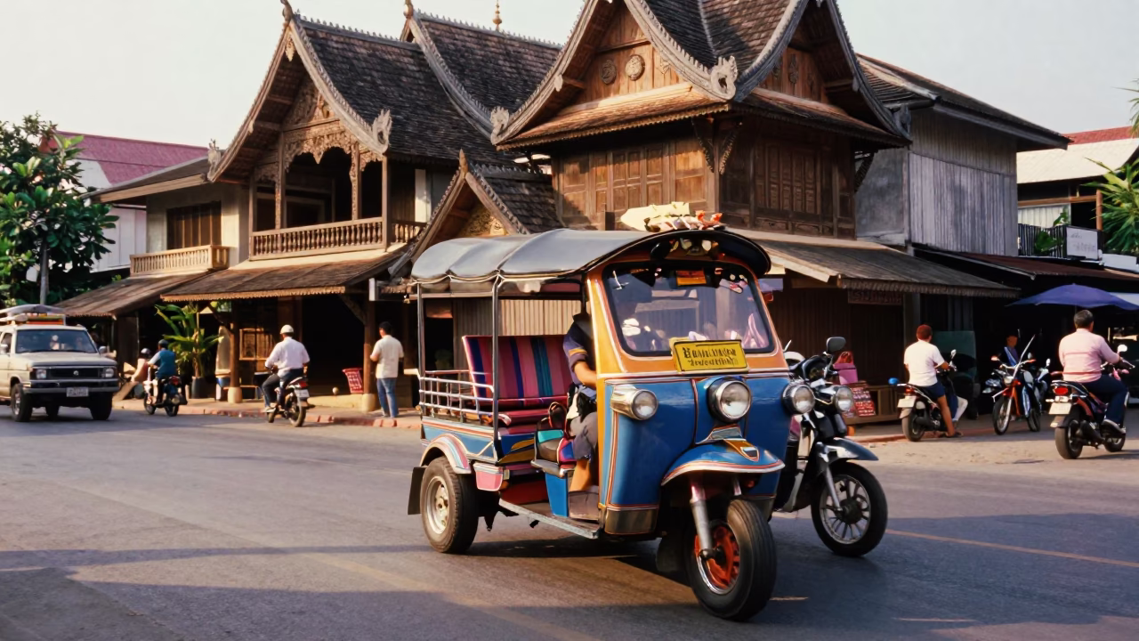 Late Morning Street Scene in Chiang Mai Thailand with Tuk Tuk and Local Activity in in Chiang Mai, Thailand