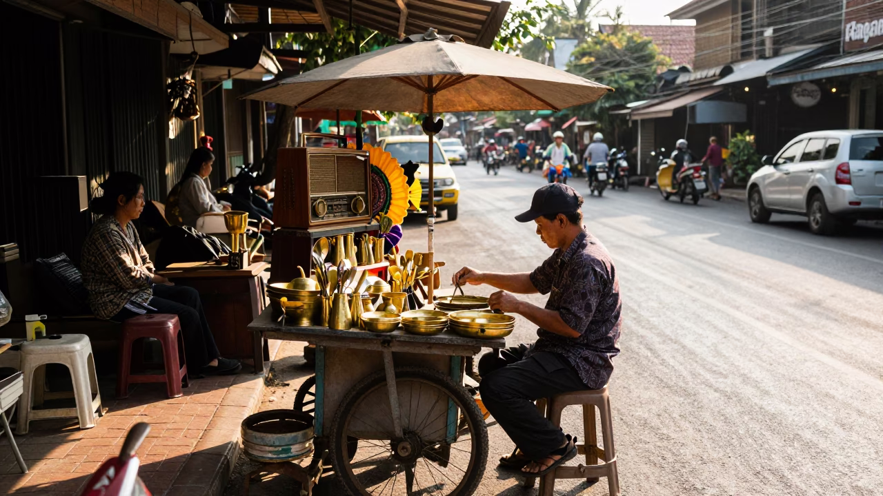Late Morning Street Scene in Chiang Mai Thailand with Vintage Radio and Cutlery Display in in Chiang Mai, Thailand