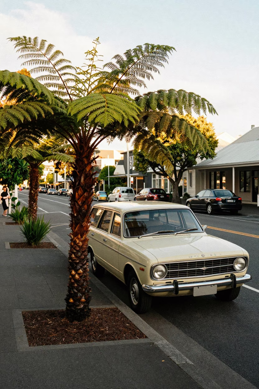 Late Morning Street Scene in Christchurch New Zealand with Ferns and Vintage Car in in Christchurch, New Zealand