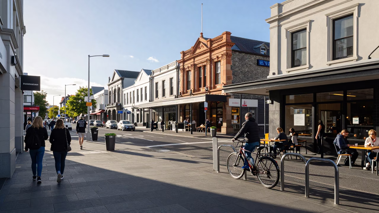 Late Morning Street Scene in Christchurch New Zealand with Local Cafe Details in in Christchurch, New Zealand