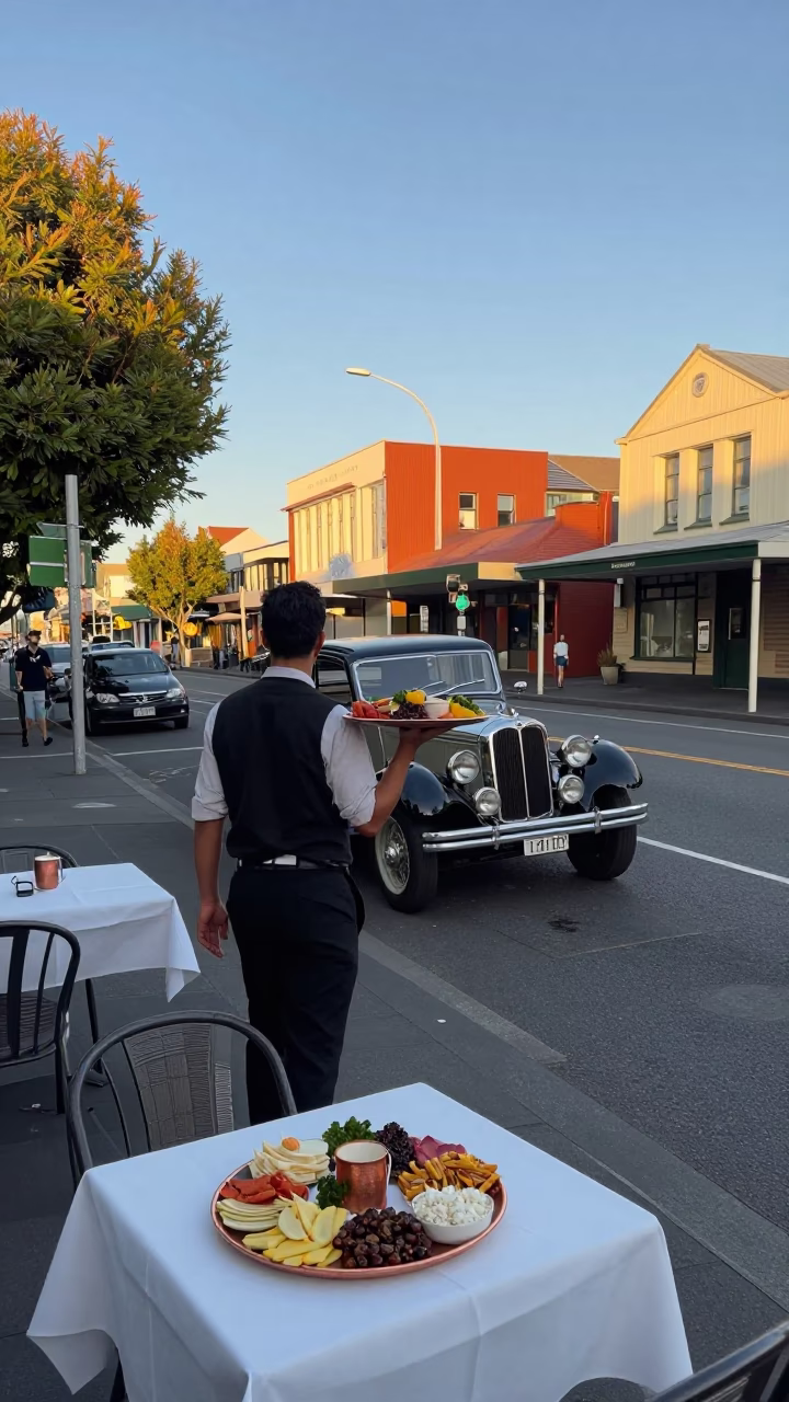 Late Morning Street Scene in Christchurch New Zealand with Vintage Car and Copper Tray in in Christchurch, New Zealand