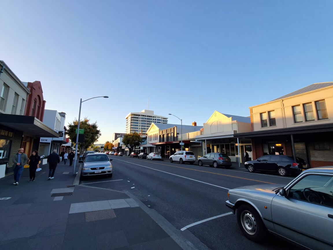 Late Morning Street Scene in Christchurch New Zealand with Vintage Cars and Pedestrians in in Christchurch, New Zealand