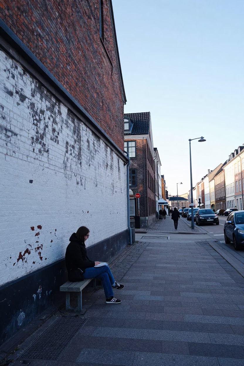 Late Morning Street Scene in Copenhagen Denmark with Blue and White Porcelain Plate in in Copenhagen, Denmark
