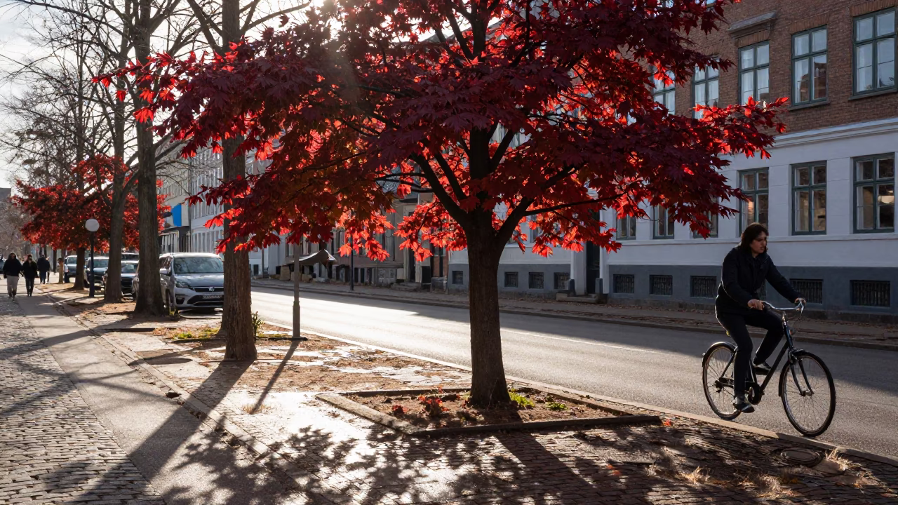 Late Morning Street Scene in Copenhagen Denmark with Japanese Maple and Cyclists in in Copenhagen, Denmark