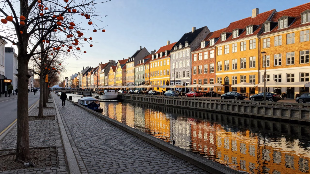 Late Morning Street Scene in Copenhagen Denmark with Persimmons and Urban Life in in Copenhagen, Denmark