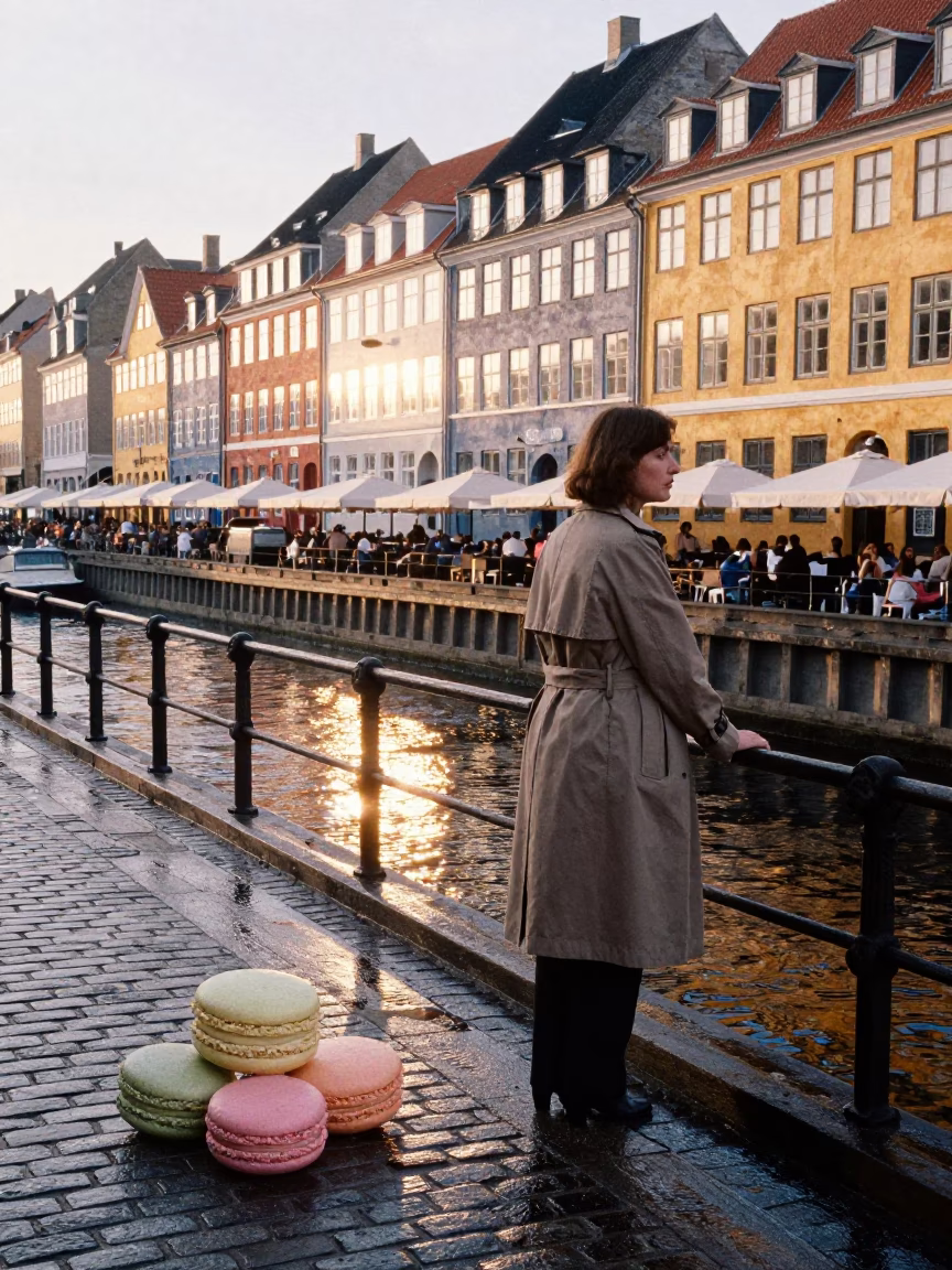 Late Morning Street Scene in Copenhagen with Pastel Macarons and Cherry Details in in Copenhagen, Denmark