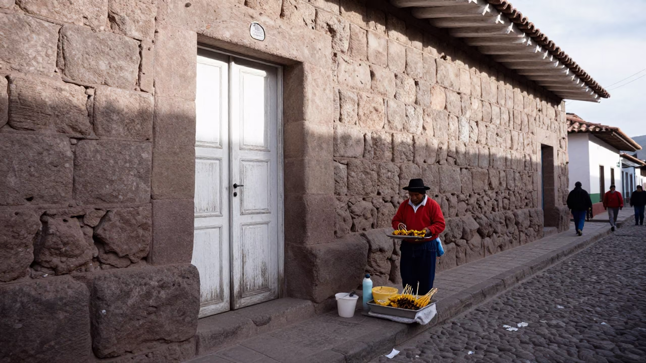 Late Morning Street Scene in Cusco Peru with Inca Stone Wall and Local Vendor in in Cusco, Peru