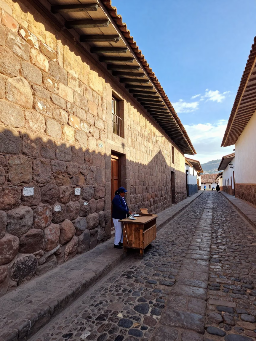 Late Morning Street Scene in Cusco Peru With Stone Walls And Local Pottery Shard in in Cusco, Peru