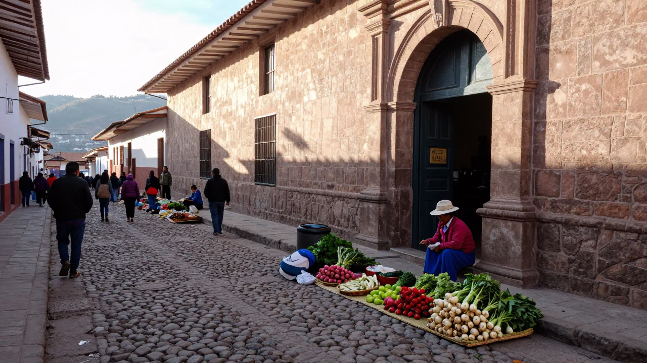 Late Morning Street Scene in Cusco Peru with Traditional Andean Market Goods in in Cusco, Peru