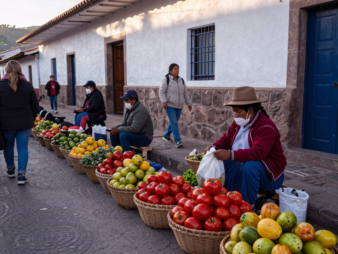 Late Morning Street Scene in Cusco Peru with Traditional Market Fruit and Daily Life in in Cusco, Peru