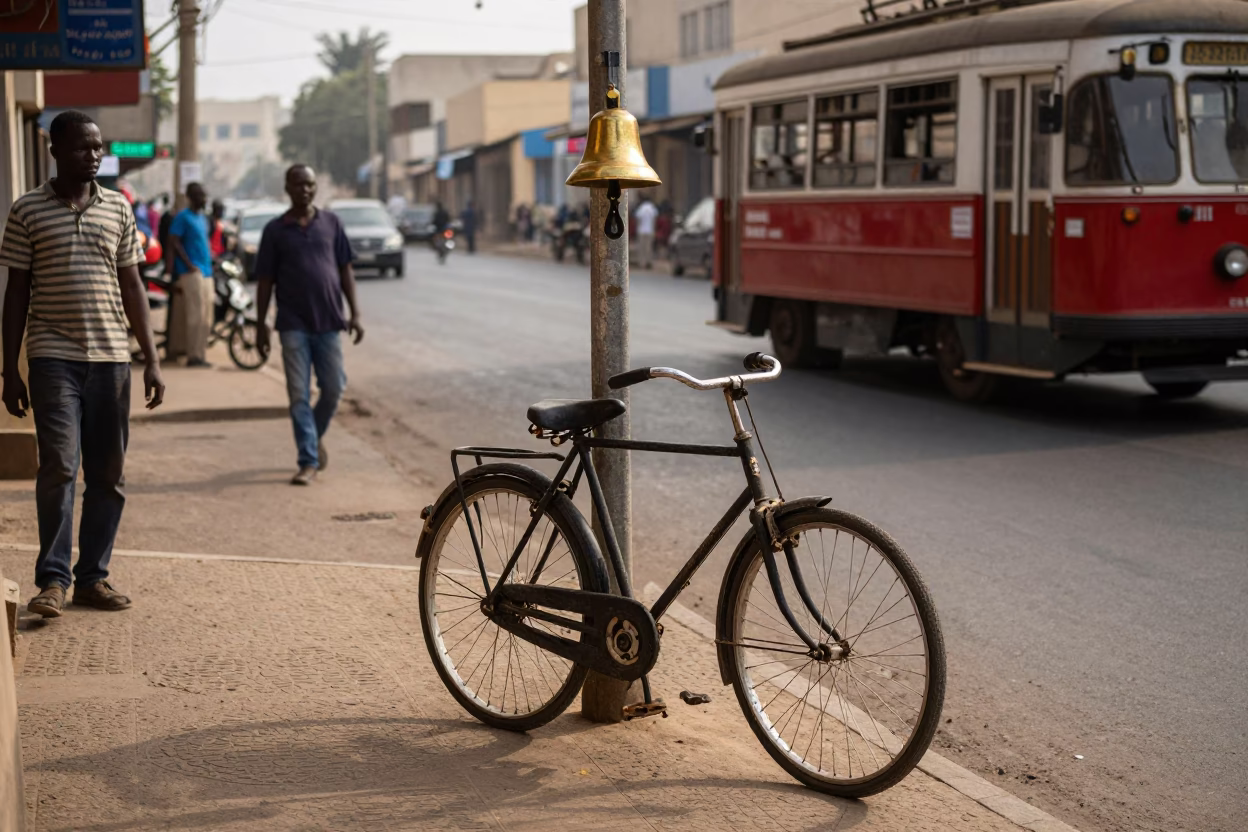 Late Morning Street Scene in Dakar Senegal with Bell and Tramcar Reflection in in Dakar, Senegal