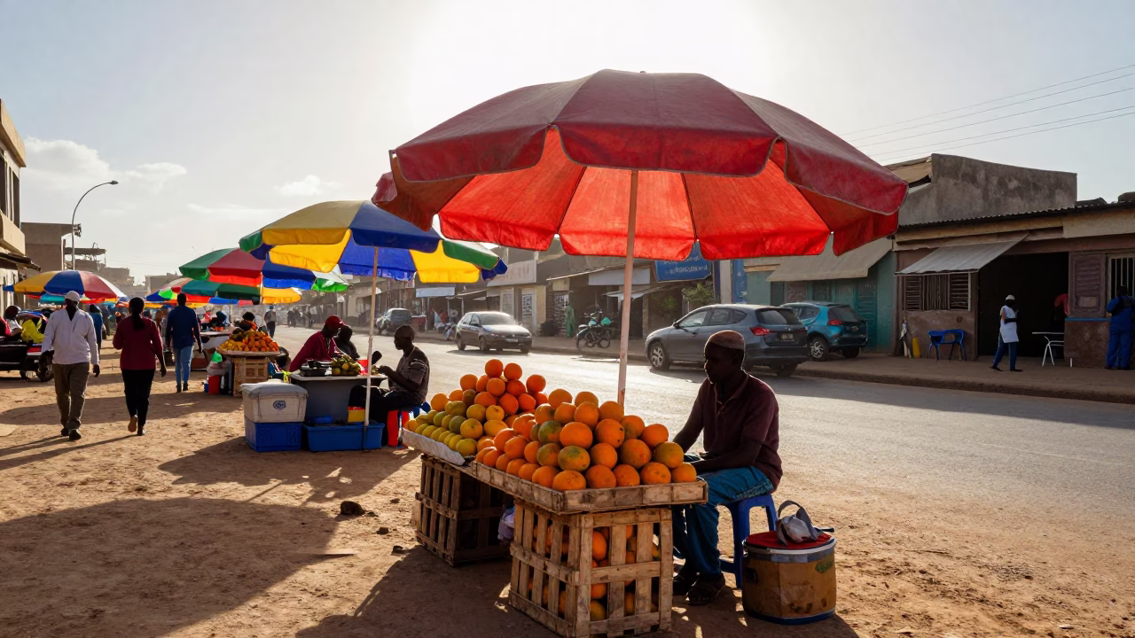 Late Morning Street Scene in Dakar Senegal with Colorful Umbrellas and Local Commerce in in Dakar, Senegal