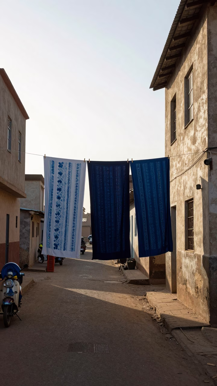 Late Morning Street Scene in Dakar Senegal with Indigo Fabric Drying in in Dakar, Senegal