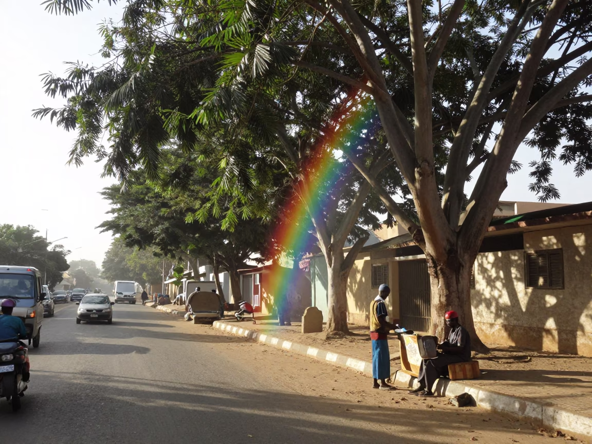 Late Morning Street Scene in Dakar Senegal with Rainbow Eucalyptus and Local Life in in Dakar, Senegal