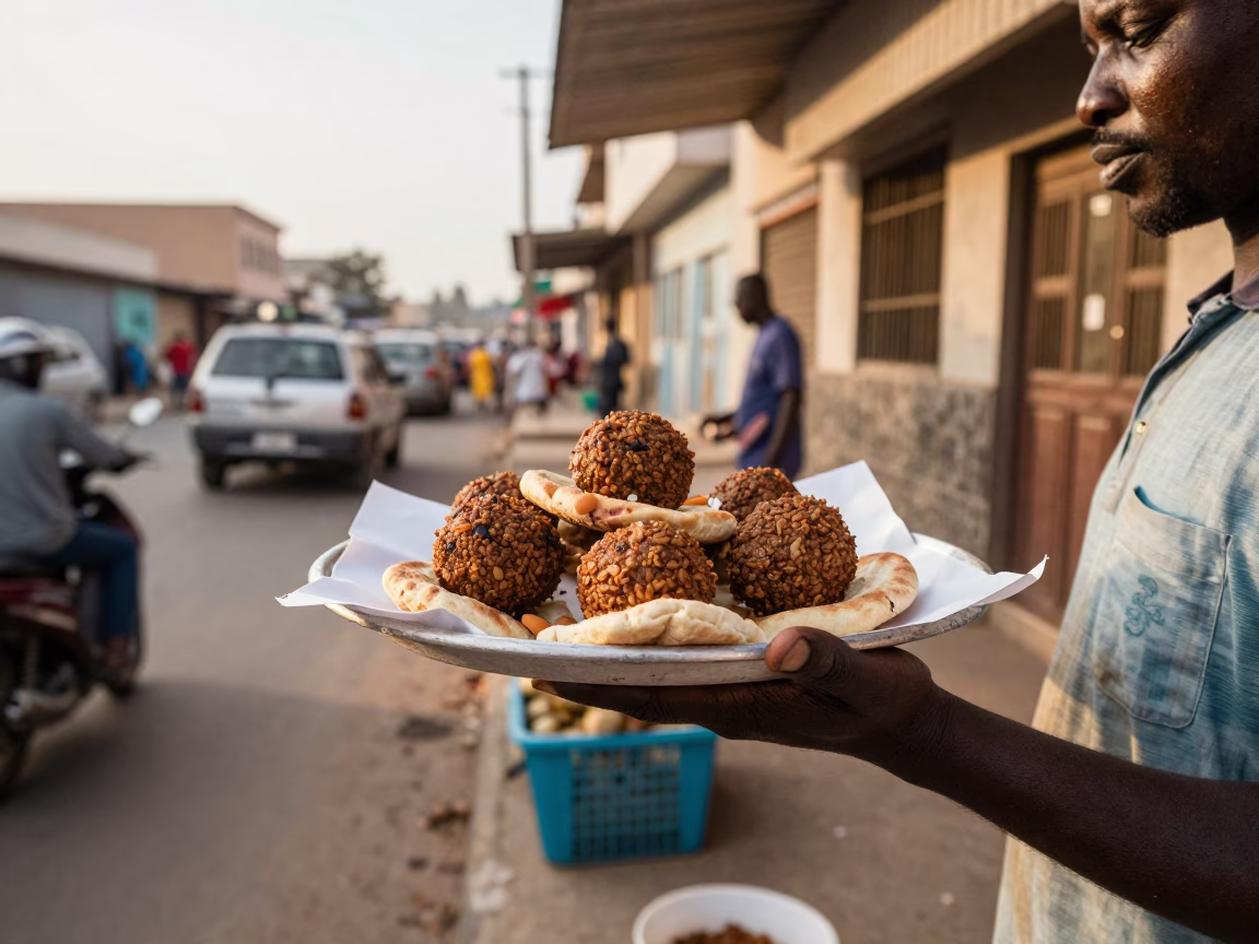 Late Morning Street Scene in Dakar Senegal with Vendor Tray of Falafel in Pita in in Dakar, Senegal