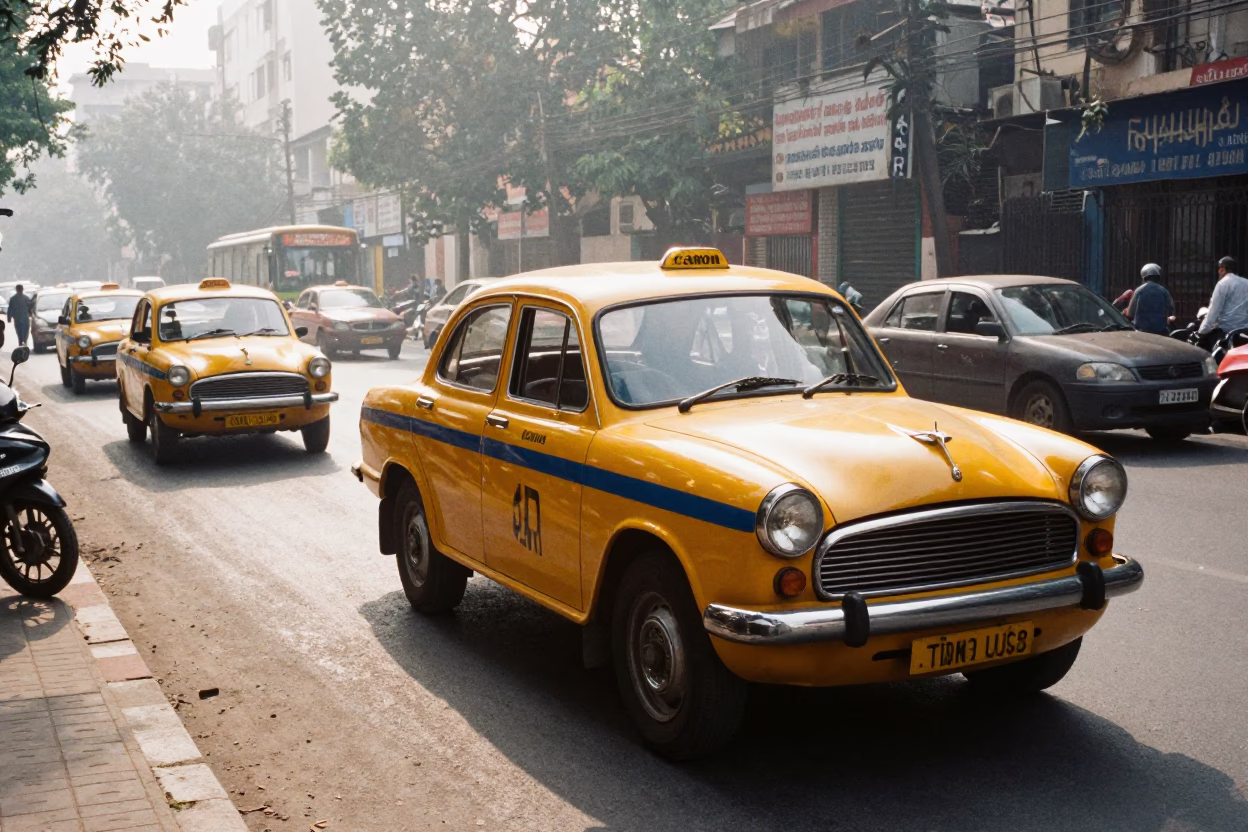Late Morning Street Scene in Delhi India with Yellow Taxi and Grapes in in Delhi, India