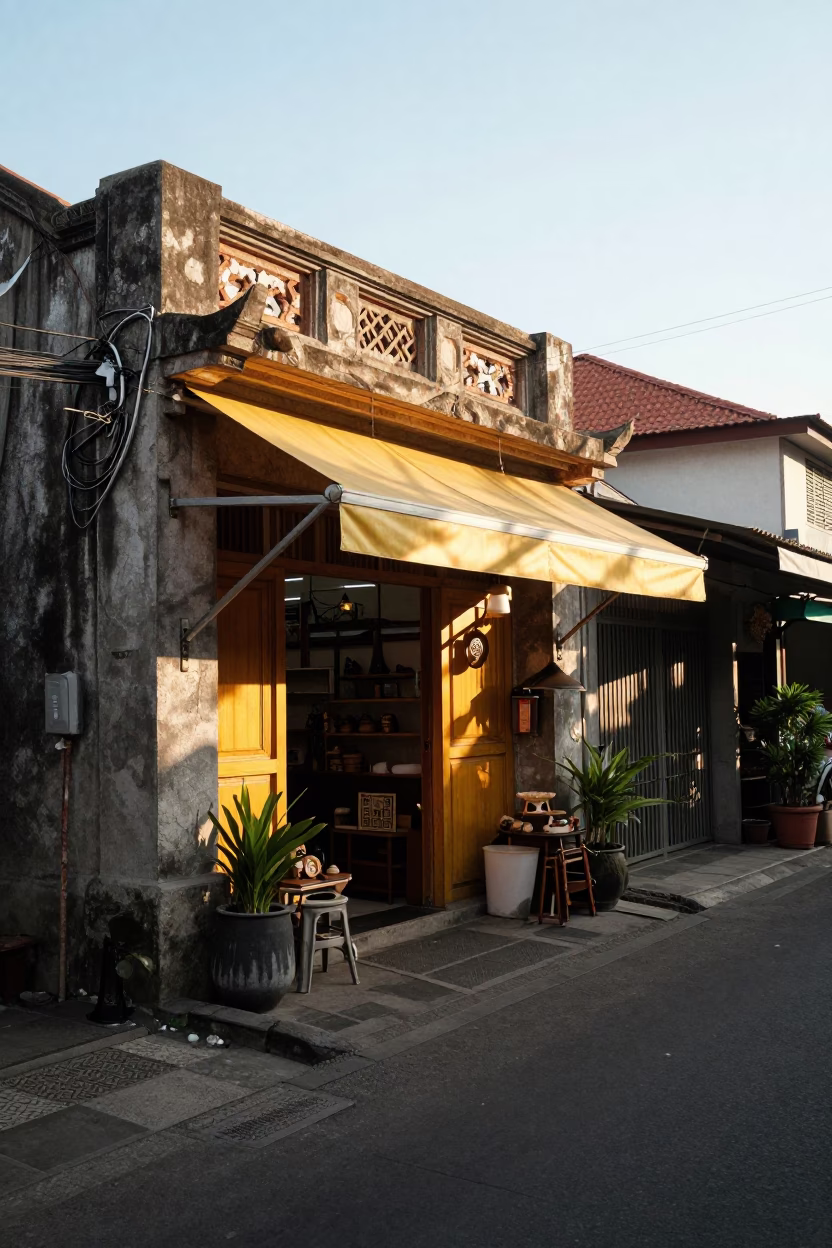 Late Morning Street Scene in Denpasar Bali Indonesia with Colorful Shop Fronts in in Denpasar, Indonesia