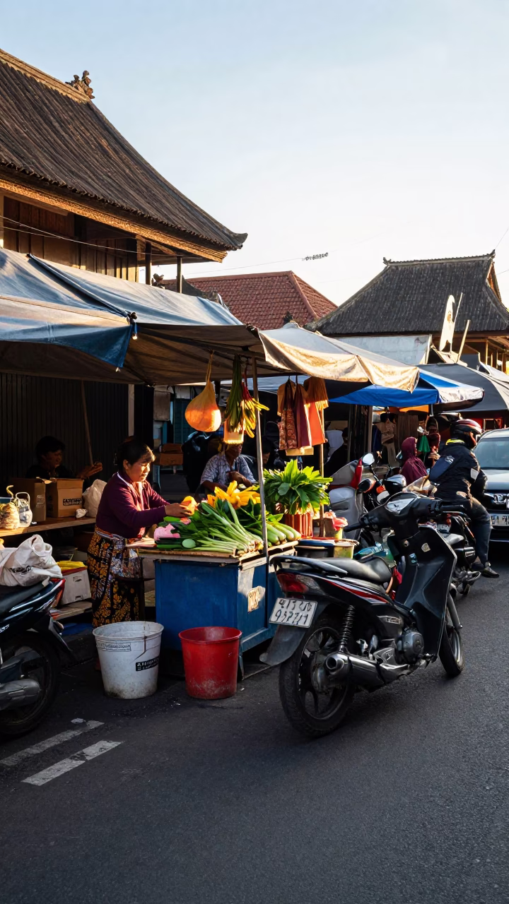Late Morning Street Scene in Denpasar Bali Indonesia with Traditional Market Activity in in Denpasar, Indonesia