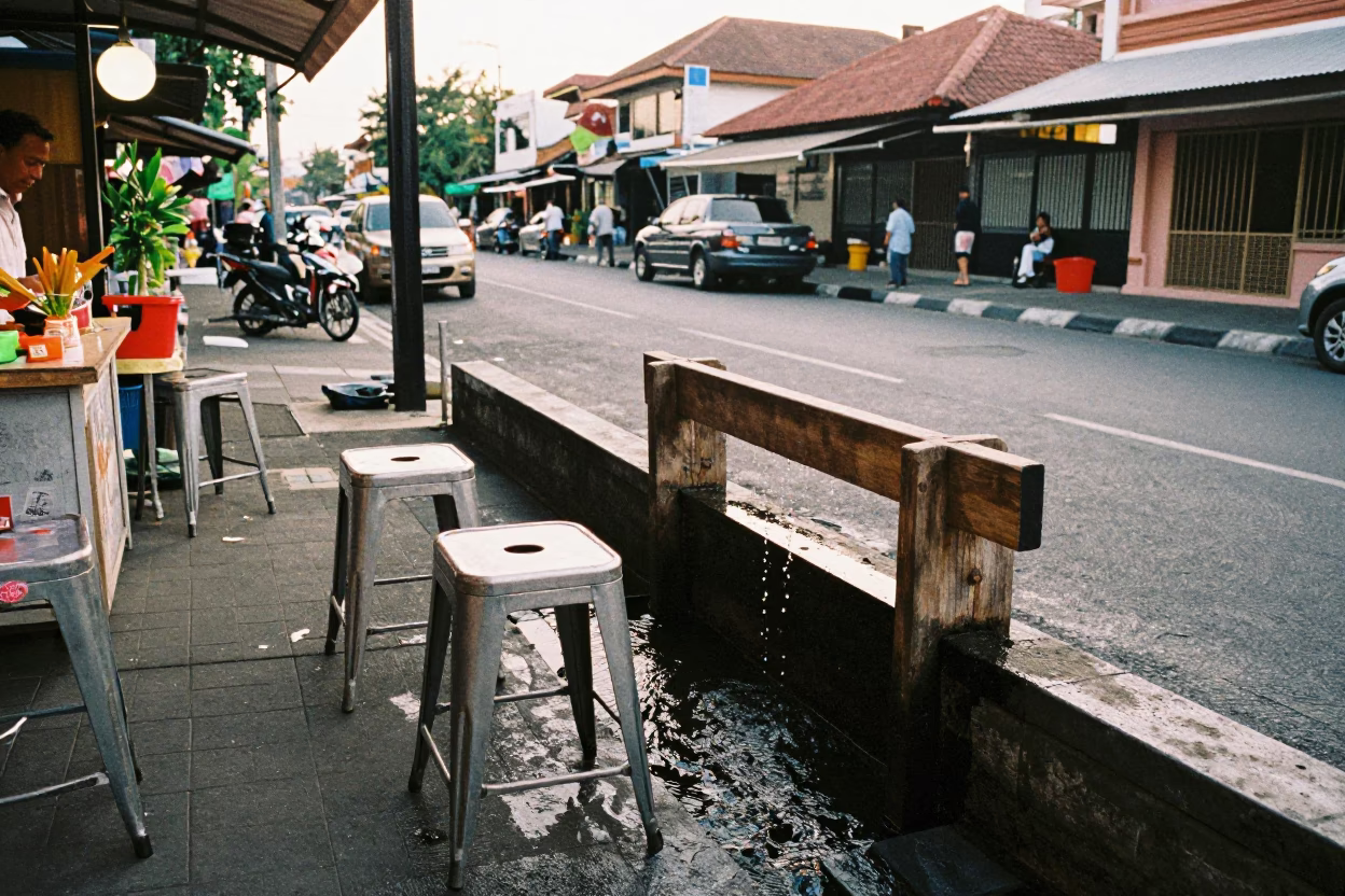 Late Morning Street Scene in Denpasar Bali with Metal Stools and Canal in in Denpasar, Indonesia