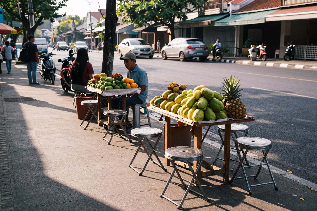 Late Morning Street Scene in Denpasar Indonesia with Folding Stools and Local Market Activity in in Denpasar, Indonesia