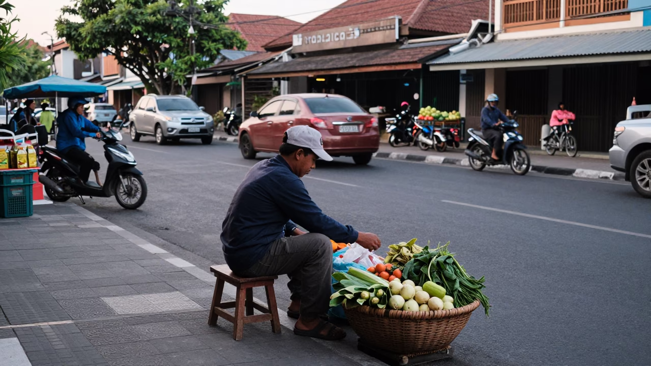 Late Morning Street Scene in Denpasar Indonesia with Local Vendor and Kitchen Stool in in Denpasar, Indonesia