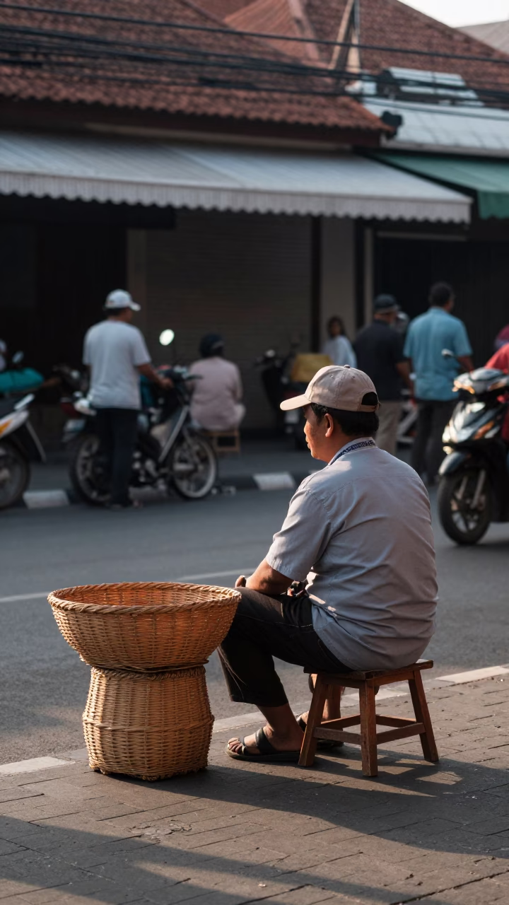 Late Morning Street Scene in Denpasar Indonesia with Stool and Wicker Basket in in Denpasar, Indonesia