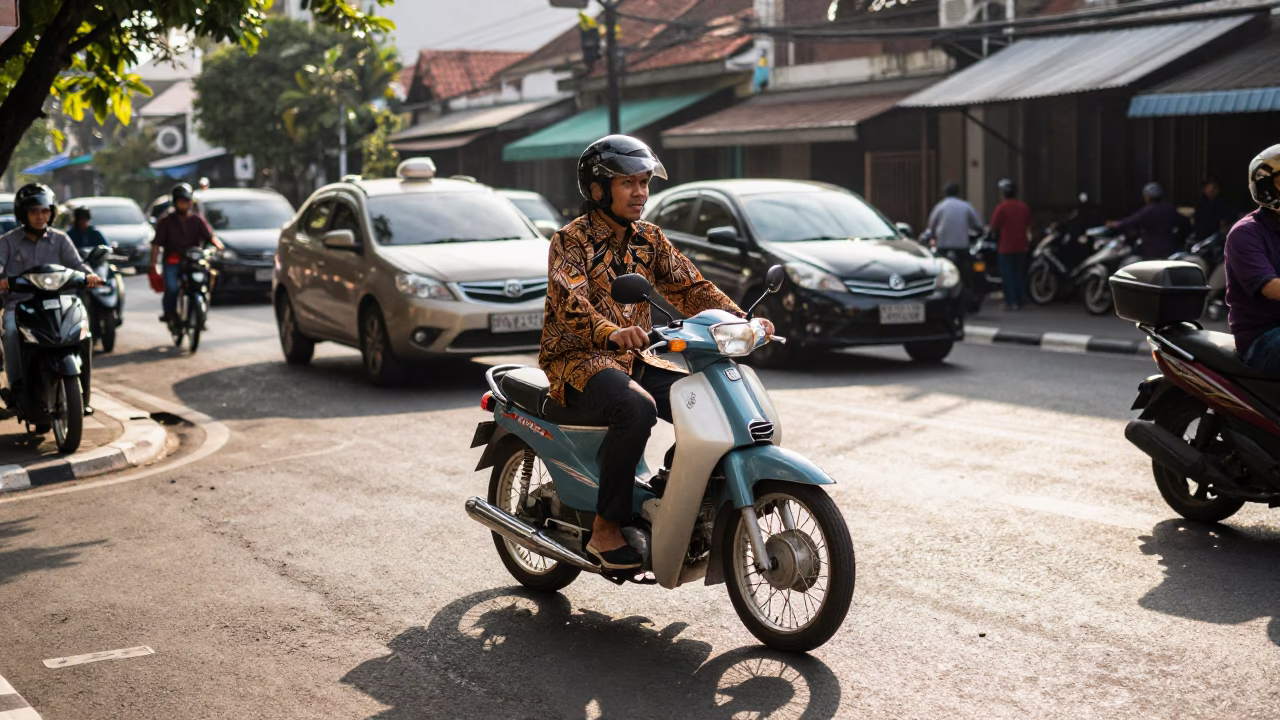 Late Morning Street Scene in Denpasar Indonesia with Vintage Motorbike and Local Market Activity in in Denpasar, Indonesia