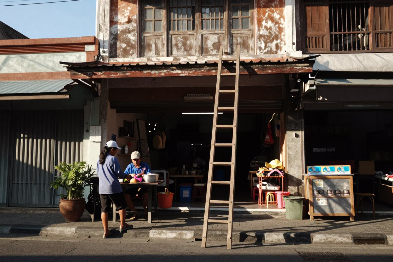 Late Morning Street Scene in Denpasar Indonesia with Wooden Ladder and Paper Fan in in Denpasar, Indonesia