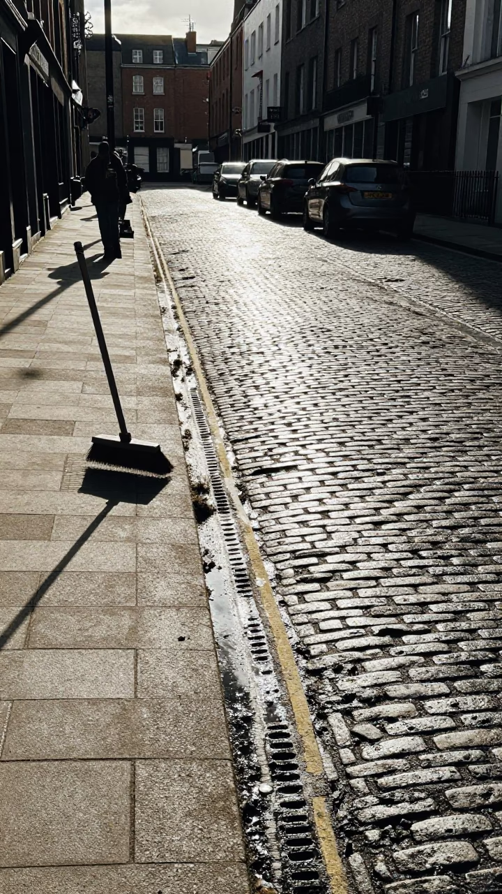 Late Morning Street Scene in Dublin Ireland with Broom and Grease Sheen in in Dublin, Ireland