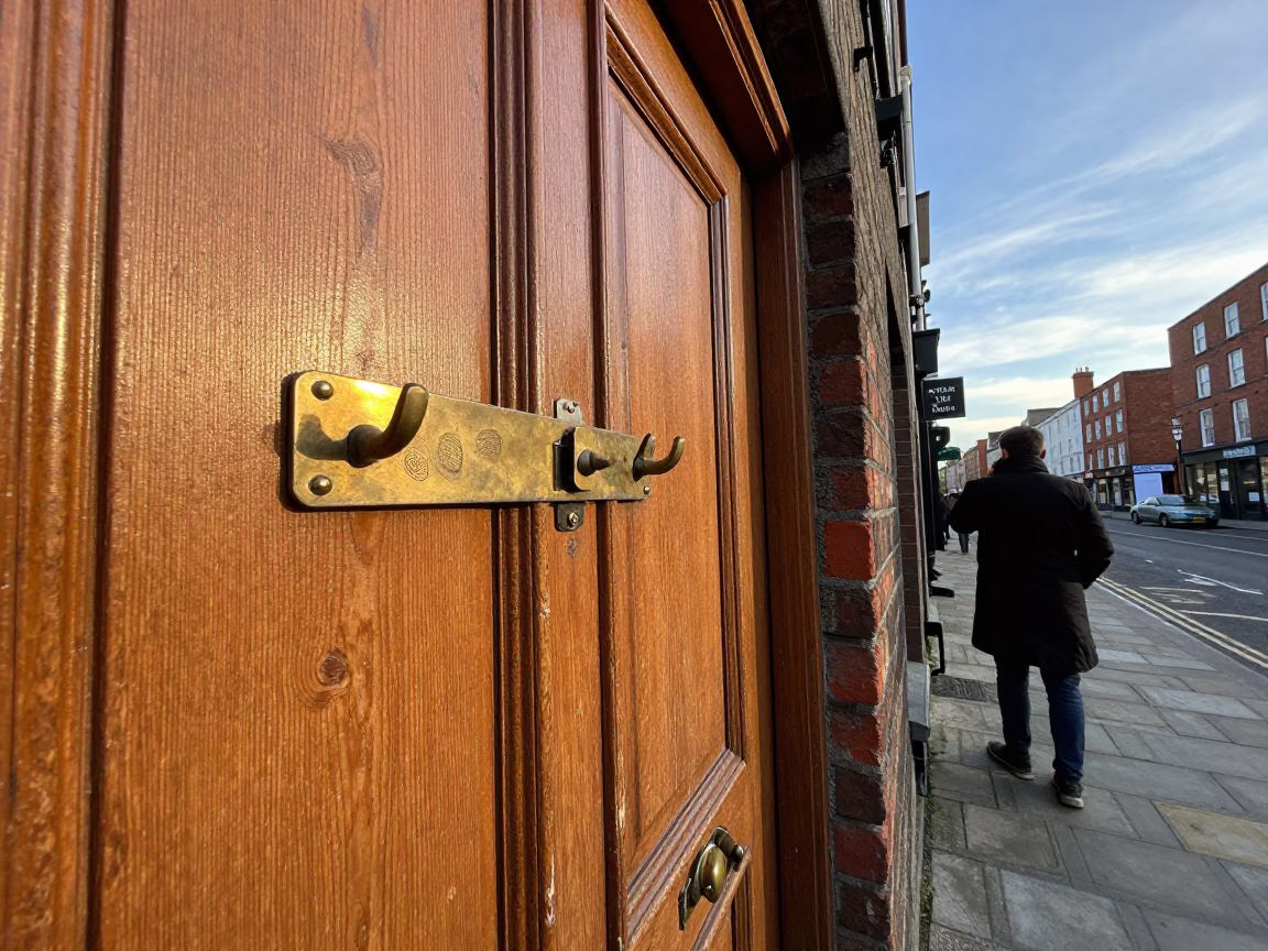 Late Morning Street Scene in Dublin Ireland with Wooden Wall Hook and Latch Detail in in Dublin, Ireland